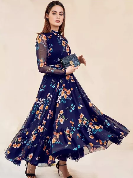 Beautiful Printed Georgette Western Dress in Blue Color