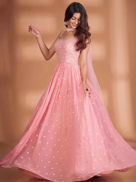 Light Pink Georgette Gown with Embroidery Work for Wedding and Party Wear