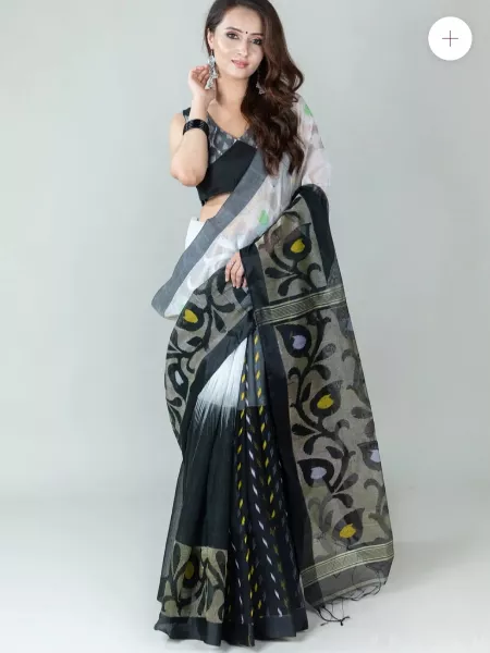 Black and White Soft Cotton Handloom Silk Saree With Ajrakh Print and Blouse