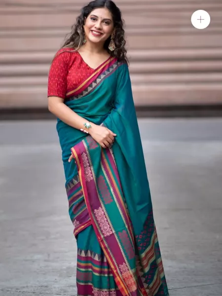 Rama Green Soft Cotton Handloom Silk Saree With Ajrakh Print Rich Contrast Pallu