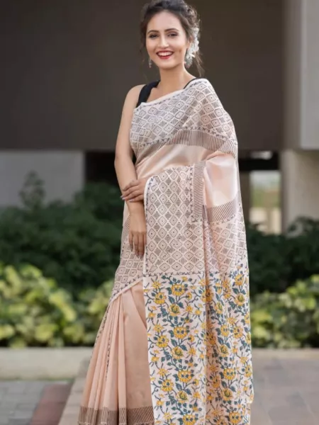 Peach Soft Cotton Handloom Silk Saree With Ajrakh Print Rich Contrast Pallu