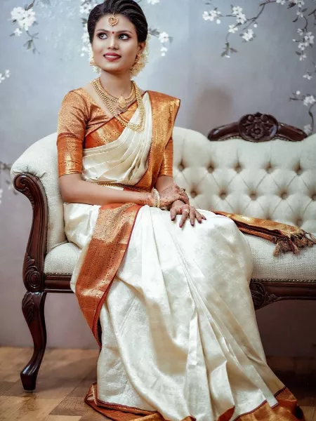 White Kanchivaram Soft Silk Saree With Red Jacquard Border for Women Wedding Wear