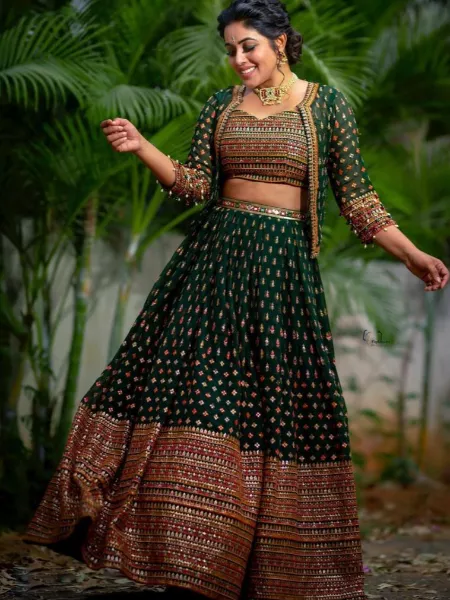 Sangeet Ceremony Lehenga Choli With Koti in Green Georgette Sequence Work
