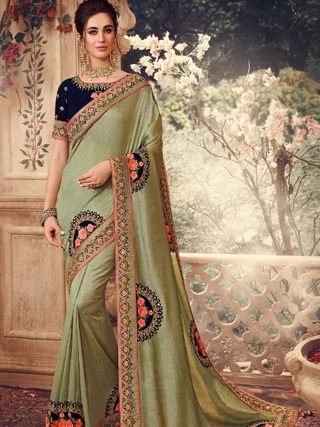 Indian Wedding Saree in Pista Color With Attractive Embroidery Work and Blouse