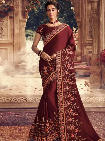 Indian Wedding Saree in Maroon Color With Attractive Embroidery Work and Blouse
