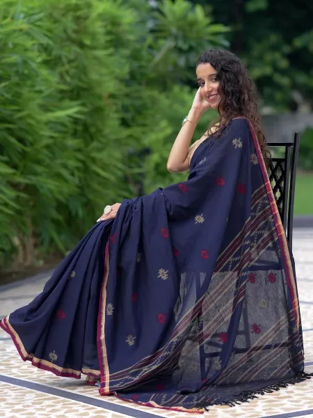 Blue Color Soft Cotton Handloom Silk Saree With Ajrakh Print Rich Contrast Pallu
