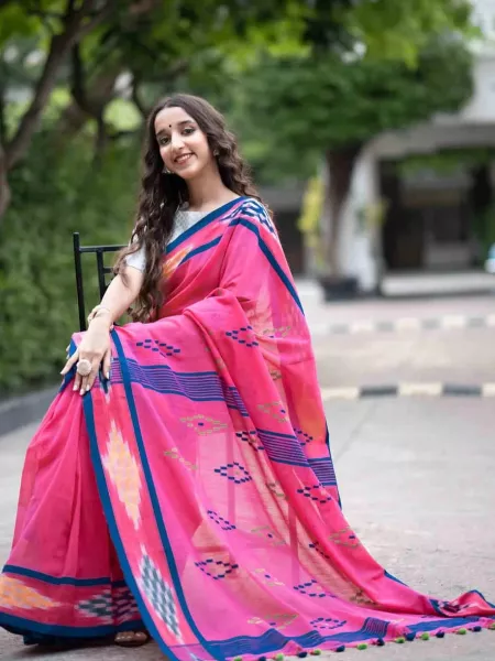 Pink Color Soft Cotton Handloom Silk Saree With Ajrakh Print Rich Contrast Pallu