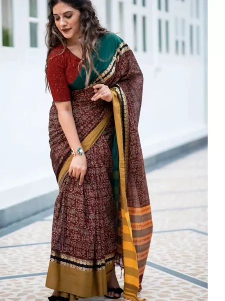 Multi Color Soft Cotton Handloom Silk Saree With Ajrakh Print Rich Pallu and Blouse