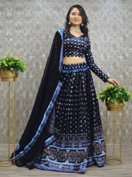 Awesome Sky Blue Cotton Digital Printed Party Wear Lehenga With