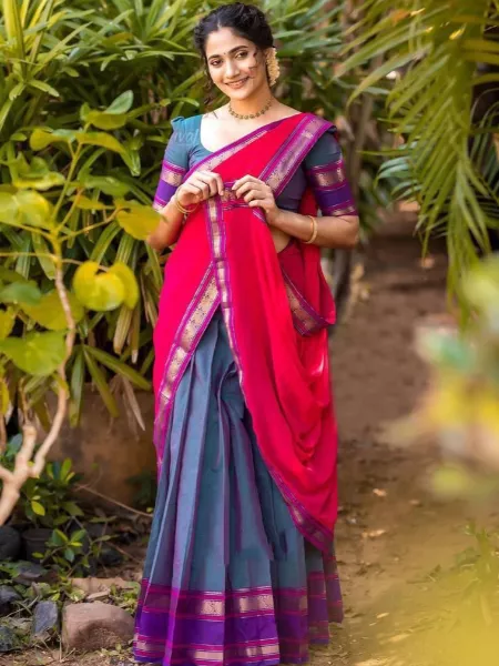 Rama Color South Indian Lehenga Choli in Kanjivaram Silk Half Saree Lehenga 