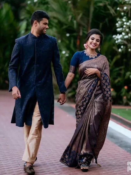 Navy Blue Soft Lichi Silk Designer Indian Saree for Wedding With Blouse in Copper Zari Work