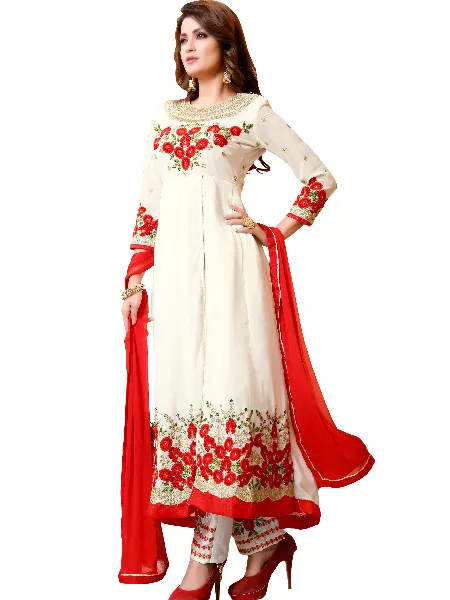 White Embroidered Faux Georgette Designer Anarkali Salwar With Dupatta