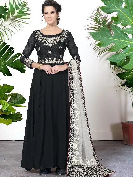 Black Embroidered Faux Georgette Salwar Type Anarkali Suit With Heavy Dupatta