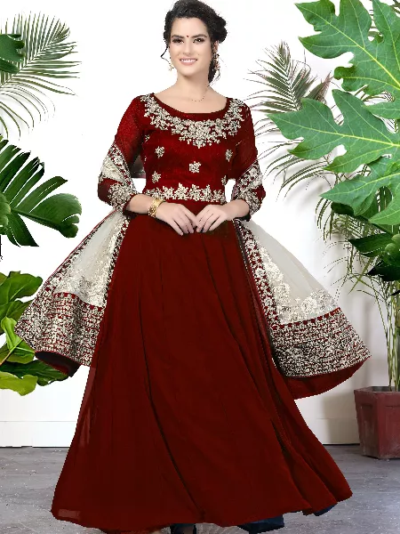 Maroon Embroidered Faux Georgette Salwar Type Anarkali Suit With Heavy Dupatta