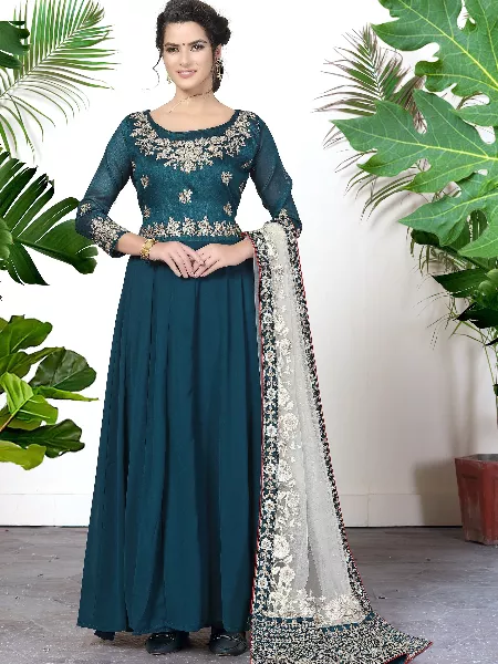 Rama Embroidered Faux Georgette Salwar Type Anarkali Suit With Heavy Dupatta