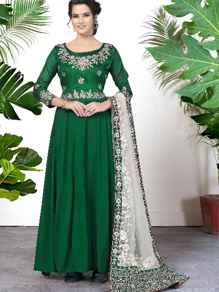 Green Embroidered Faux Georgette Salwar Type Anarkali Suit With Heavy Dupatta
