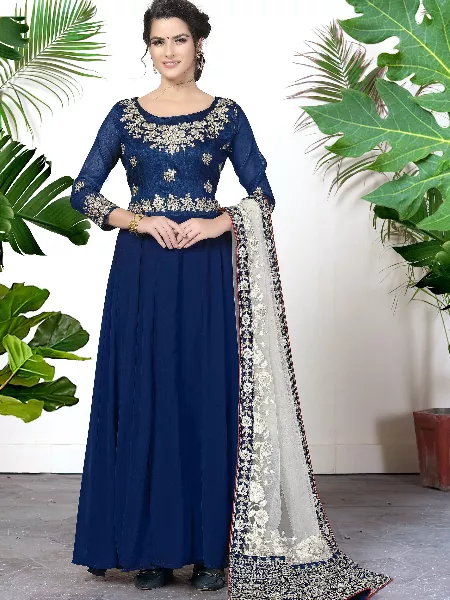 Blue Embroidered Faux Georgette Salwar Type Anarkali Suit With Heavy Dupatta