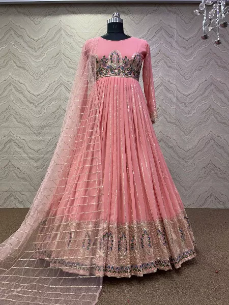 Pink Designer Gown With Heavy Thread Embroidery and Sequence Work