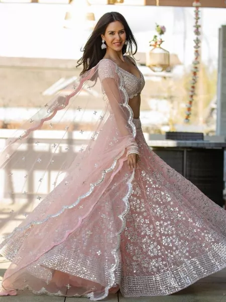 Light Pink Heavy Work Lehenga Choli for Wedding in Soft Net Fabric