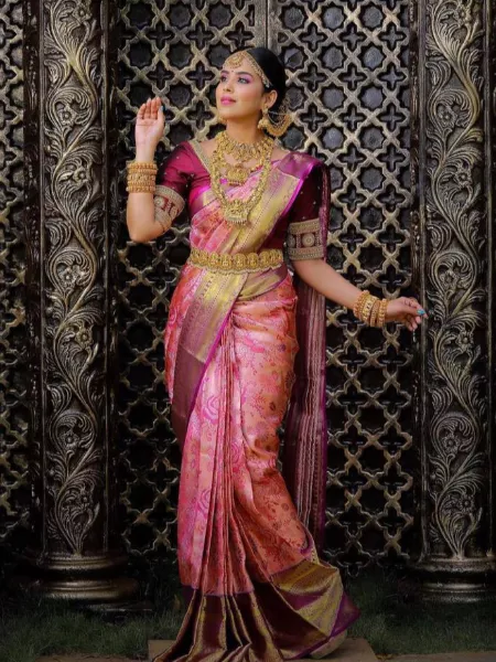 Wedding Saree in Peach Color Lichi Silk With Pink Weaving Border and Blouse