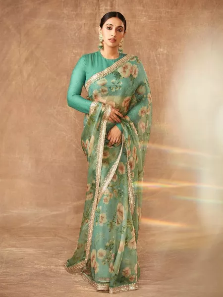 Green Organza Saree in Digital Print With Lace Border and Blouse