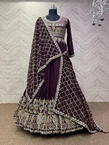 Wine Heavy Designer Gown in Muslin Cotton With Heavy Embroidery Dupatta