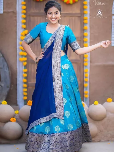 Sky Blue Half Saree Lehenga Choli in Kanjivaram Silk Zari Weaving for South Indian Wedding With Dupatta