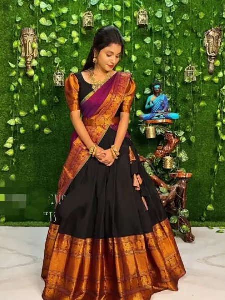 Black Color Kanjivaram Silk Half Saree Lehenga With Dupatta and Waist Belt