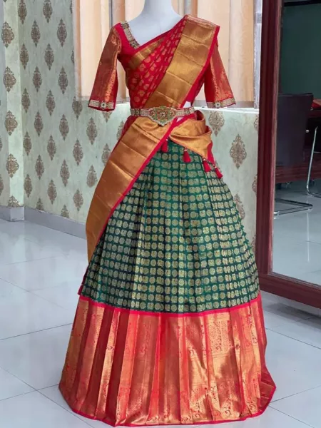 Green Kanjivaram Silk South Indian Wedding Half Saree Lehenga With Dupatta