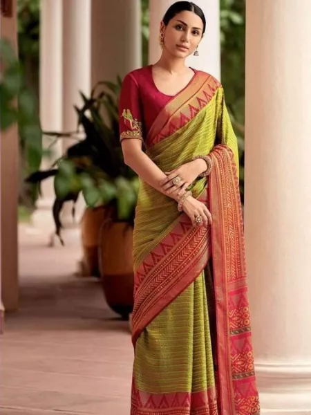 Light Green Soft Banarasi Lichi Silk Saree with Trendy Designer Border