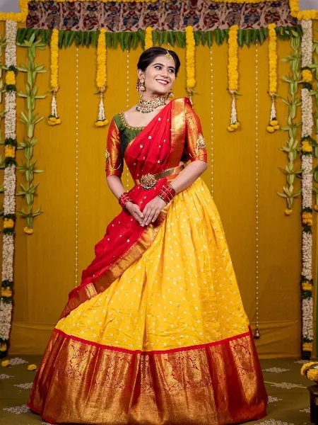 Gold Yellow Kanjivaram Silk South Indian Wedding Half Saree Lehenga With Dupatta