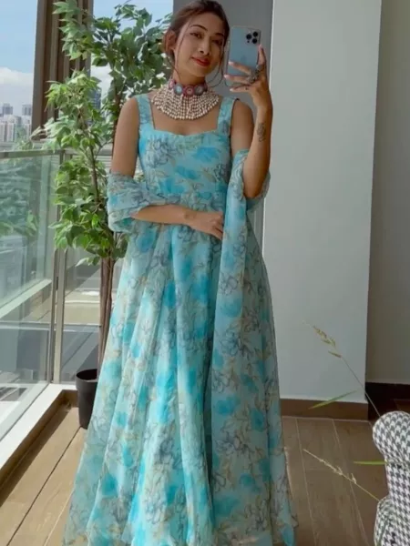 Sky Blue Color Tabby Silk Gown With Pant and Dupatta in Digital Print