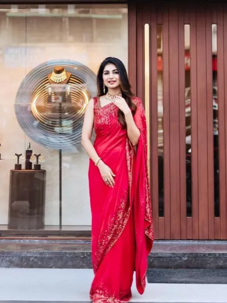 Red Party Wear Sequence Saree in Georgette Fabric With Blouse
