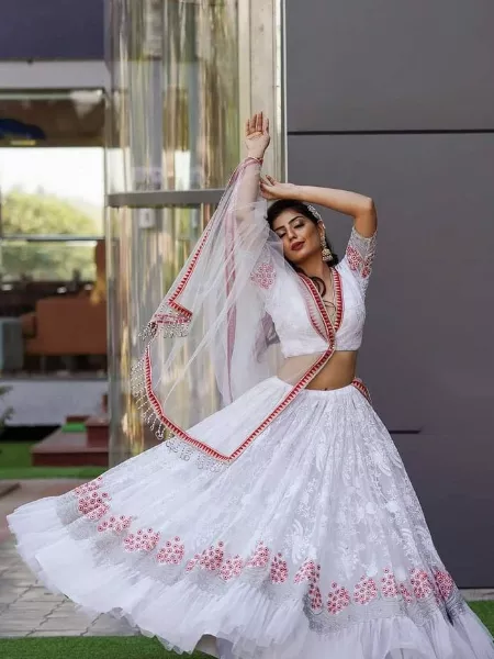 Bollywood Lehenga Choli in White Soft Net With Embroidery Work and Ruffle