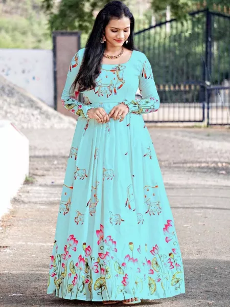 Sky Blue Color Georgette Gown With Digital Print and Dupatta