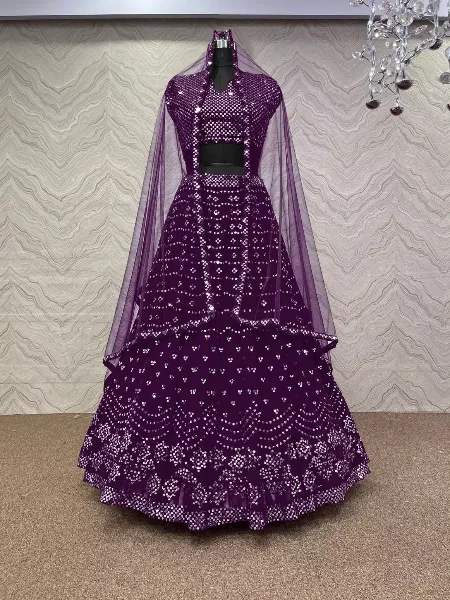 Wine Color Georgette Lehenga Choli With Sequence Work and Dupatta