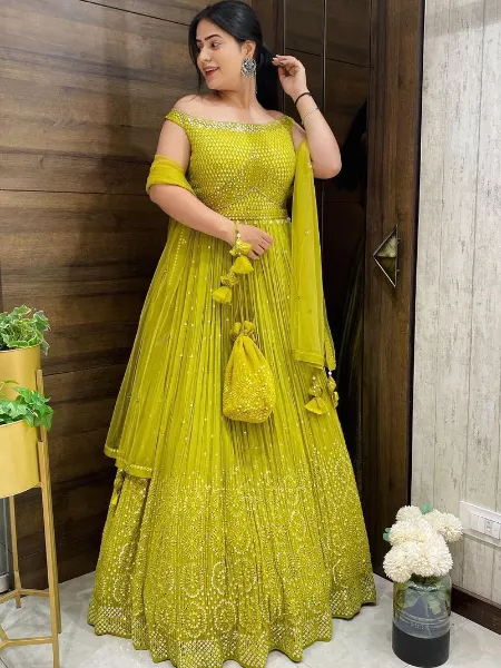Wedding Gown in Parrot Green Georgette With Sequence Work for Sangeet Ceremony