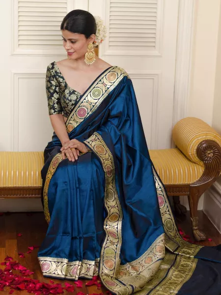 Rama Color Designer Saree in Lichi Silk With Jacquard Weaving Zari Work