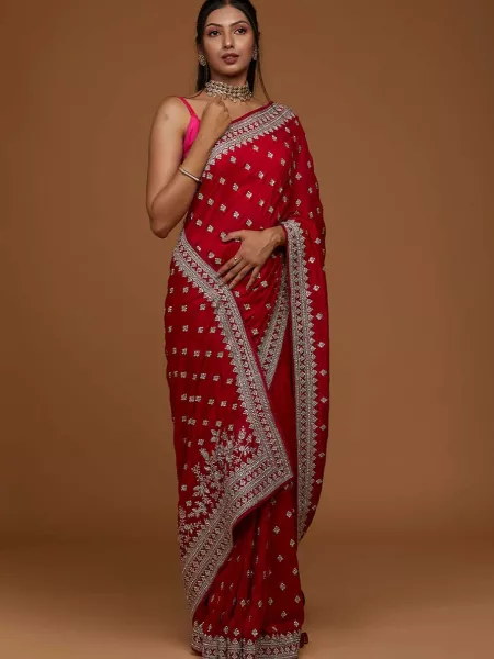 Red Color Vichitra Silk Saree With Heavy Embroidery Work for Wedding and Functions