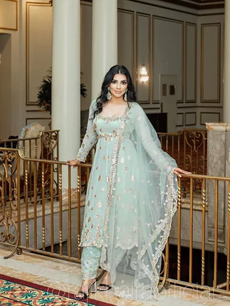 Sky Blue Dhoti Patiyala Set In Georgette With Sequence Embroidery Work
