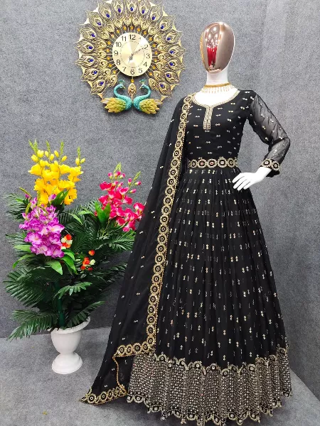 Black Color Sequence Georgette Gown for Wedding and Party Wear With Dupatta
