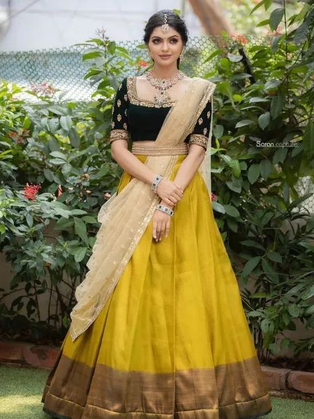 Golden Color Half Saree Lehenga With Velvet Blouse South India Lehenga Choli