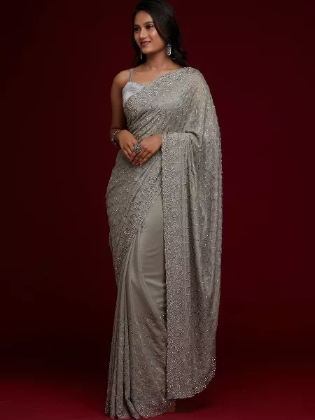 Grey Crape Silk Saree With Heavy Stone and Cut Work With Embroidery Work