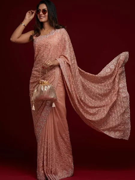 Peach Crape Silk Saree With Heavy Stone and Cut Work With Embroidery Work