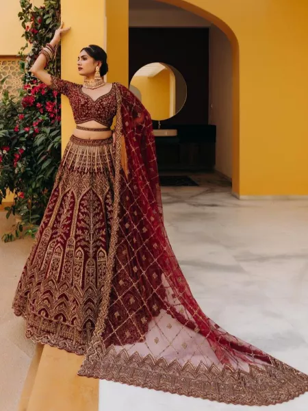 Beautiful Bridal Maroon Color Velvet Lehenga Choli With Heavy Work and Dupatta