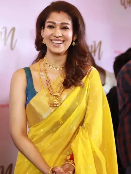Nayantara Saree in Yellow Haldi Saree of South Indian Wear Soft Linen Silk With Blouse