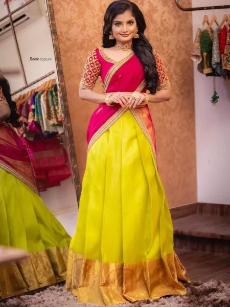 Yellow Color Haldi Lehenga Choli in Kanjivaram Silk With Blouse and Dupatta South Indian Wedding Half Saree Lehenga