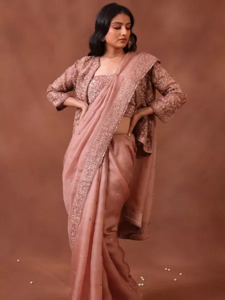 Dusty Pink Organza Saree With Sequence and Heavy Thread Embroidery With Designer Koti