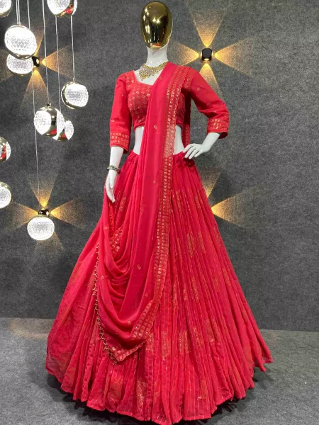 Red Bridal Lehenga for Wedding in Chiffon With Heavy Sequence Work and Dupatta
