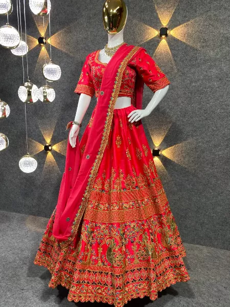 Red Color Bridal Lehenga Choli in Malay Satin With Heavy Embroidery Work